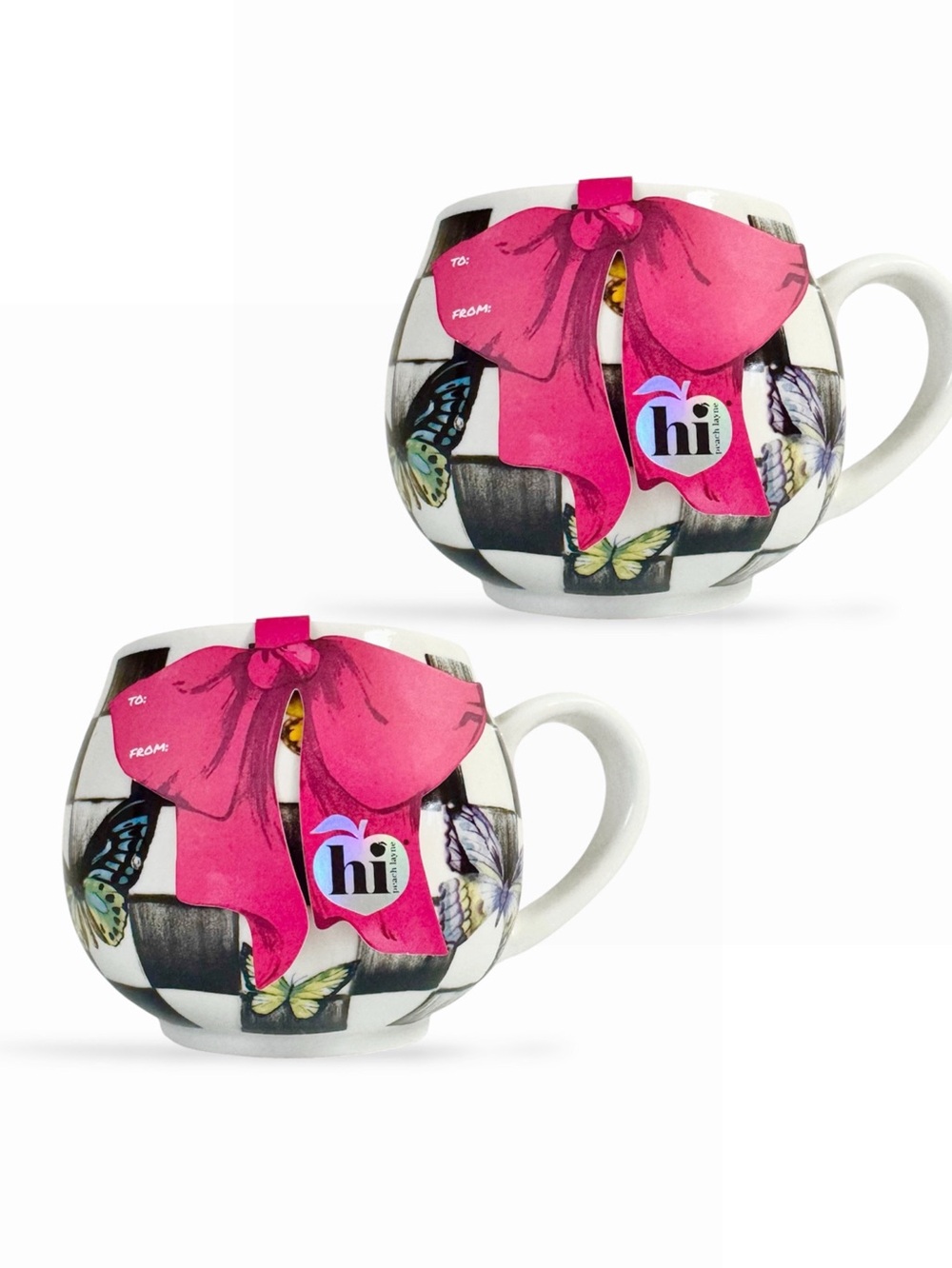 Hi Peach Layne Butterfly Mug Coffee Cup Checkered 12 oz Set of Two NWT